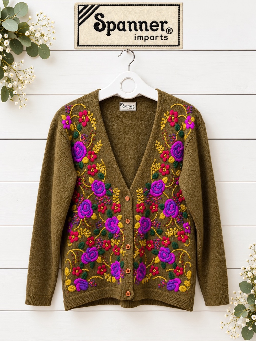 Spanner Imports Embroidered VINTAGE Cardigan – Olive Green – Size M
